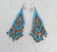 Blue/Orange/Gold Glass Bead Dangle Pierced Earrings 3.25" Drop Includ Jackts