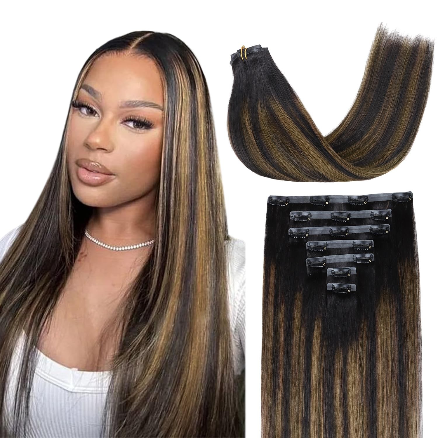 Extensions de cheveux noir naturel yaki raides effet volume châtain