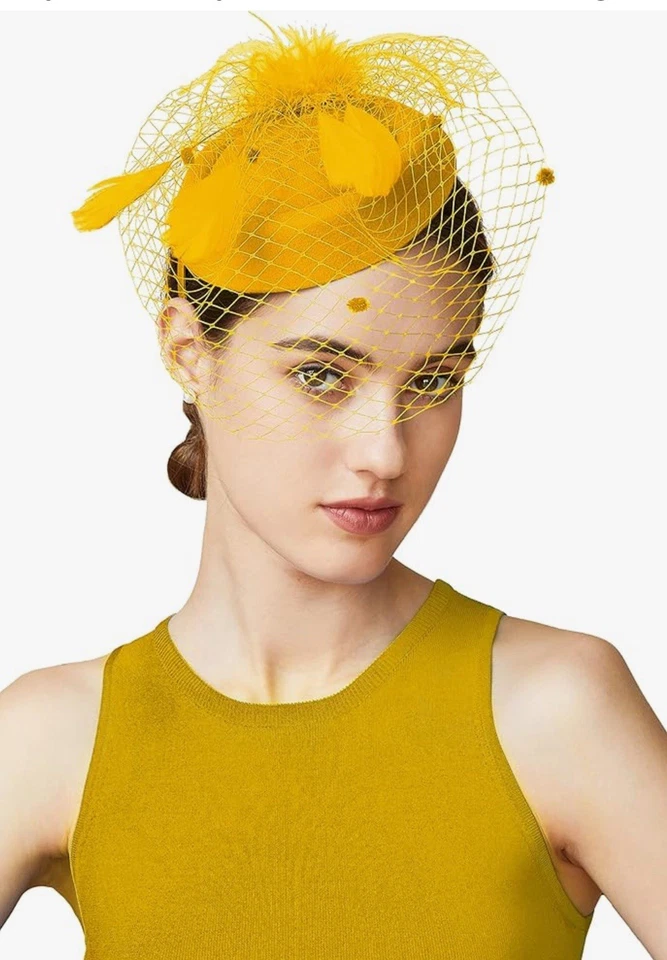 Pastillero Dorado Fascinador Mujeres Sombrero Boda Fiesta del Té Pluma Velo Diadema Clip Foto 2 de 4