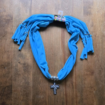 Women s Torquoise Blue Knit Polyester Infinity Scarf Beaded Cross Pendant