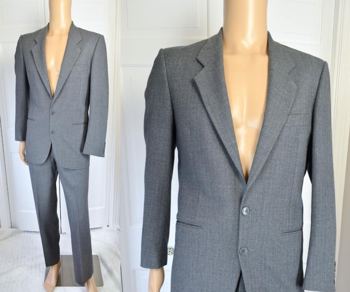 SAINT LAURENT Abito vestito uomo lana vintage anni 80 Yves St Laurent grigio spilla righe 2 pezzi made France