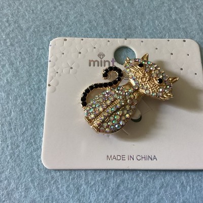 White And Black Rhinestones Cat Brooch-NWT
