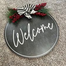 Welcome Sign Wood Door Hanger Farmhouse Bow Pine Berry Decor winter holiday