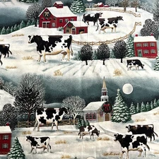 Vtg Concord Fabric Designed By Kessler Christmas Winter Farm Cows Barn 41” NEW