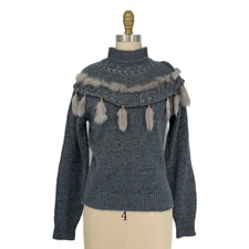 Vintage 80s/90s Gitano Beaded + Fur Tassel Sweater Womens Small Heathered Blue