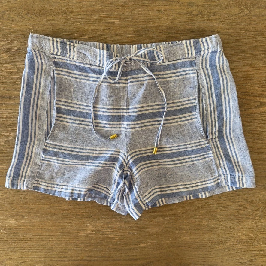 Helen Jon 100% Linen Coastal Striped Shorts-Summer Travel Preppy-Blue & White-XS