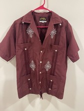 Vintage Maroon Guayabera Yucateca Princeton Shirt White Embroidery. Size 40/ M