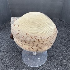 Vintage Straw Cloche Hat Womens One Size Beige Net Veil Tassel Elegant 1950s