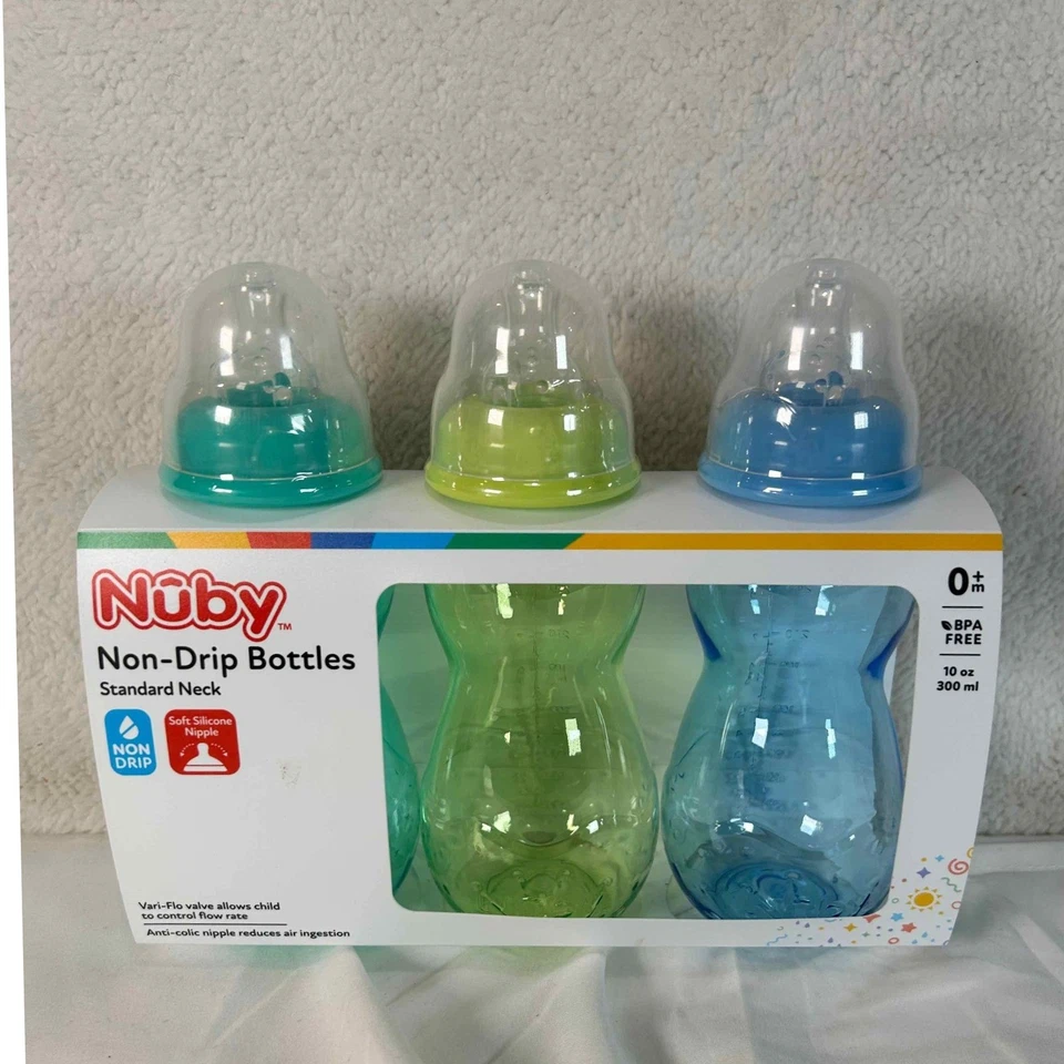 9 mamadeiras Nuby sem gotejamento pescoço padrão 0m+ 10 oz/300 ml sem BPA - Imagem 3 de 4