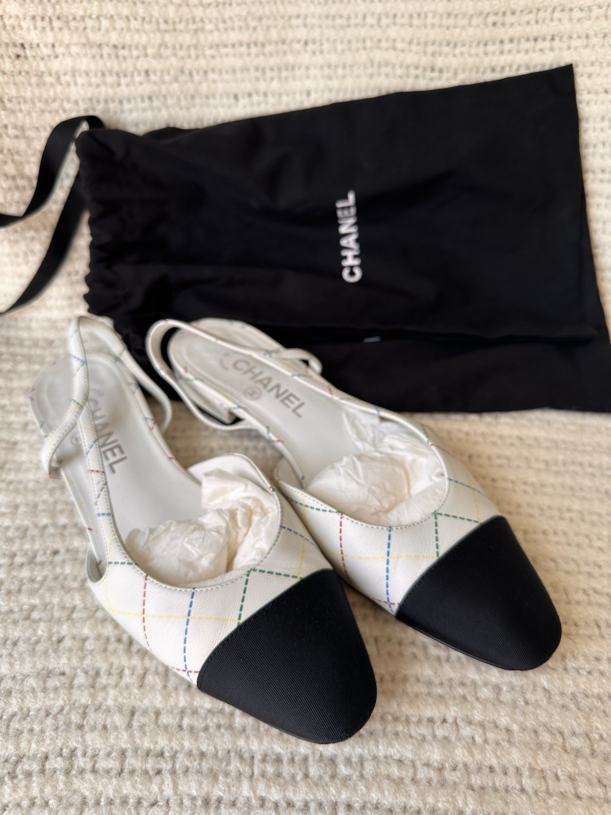CHANEL Slingback White Multicoloured Lines With Receipt & Box In Excellent State