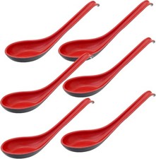 6Pcs Asian Soup Spoons Long Handle with Hook Red and Bla Chinses Ren