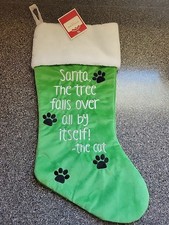 NWT-Holiday Time-Stocking Christmas Stocking-Green  White-Cat Theme