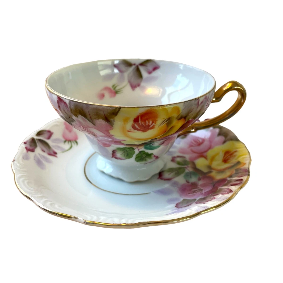 Saji Japan Fancy China Cactus Rose Tea Cup And Saucer Hand painted Gold Edge