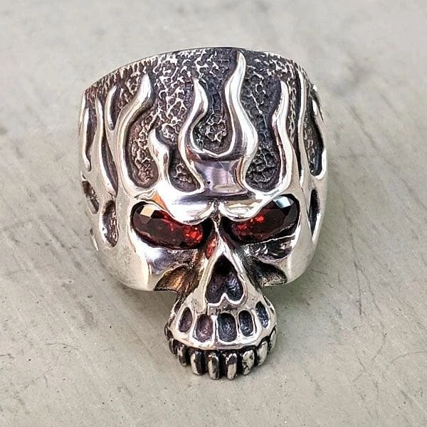 Sterling Silver Red Eyes Flame Skull Ring eBay
