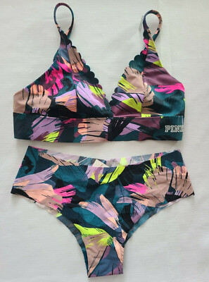 NWT PINK Victoria Secret Bra Set Bonded Bralette Floral Print Seamless Panty S