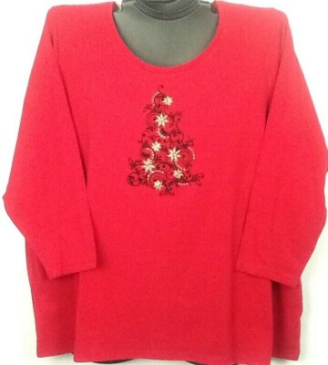 Catherines Rhinestone Velvet Sparkle Christmas Tree RED Woman Plus Top Shirt New