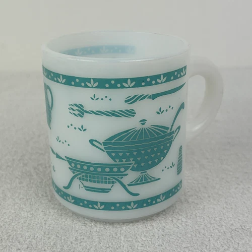 Vintage Hazel Atlas Milk Glass Mug Retro Kitchen Decor Turquoise Blue White Cup
