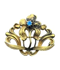 Art Nouveau vintage gold tone flower brooch pin c clasp blue stone