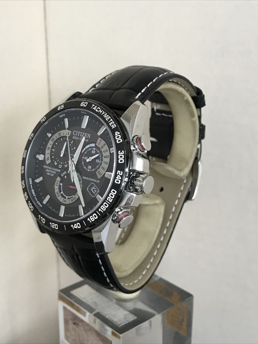CITIZEN AUTOMATIC 時計 ブラックレザー Citizen Men's Eco Drive Chrono A-T Alarm Radio Controlled B