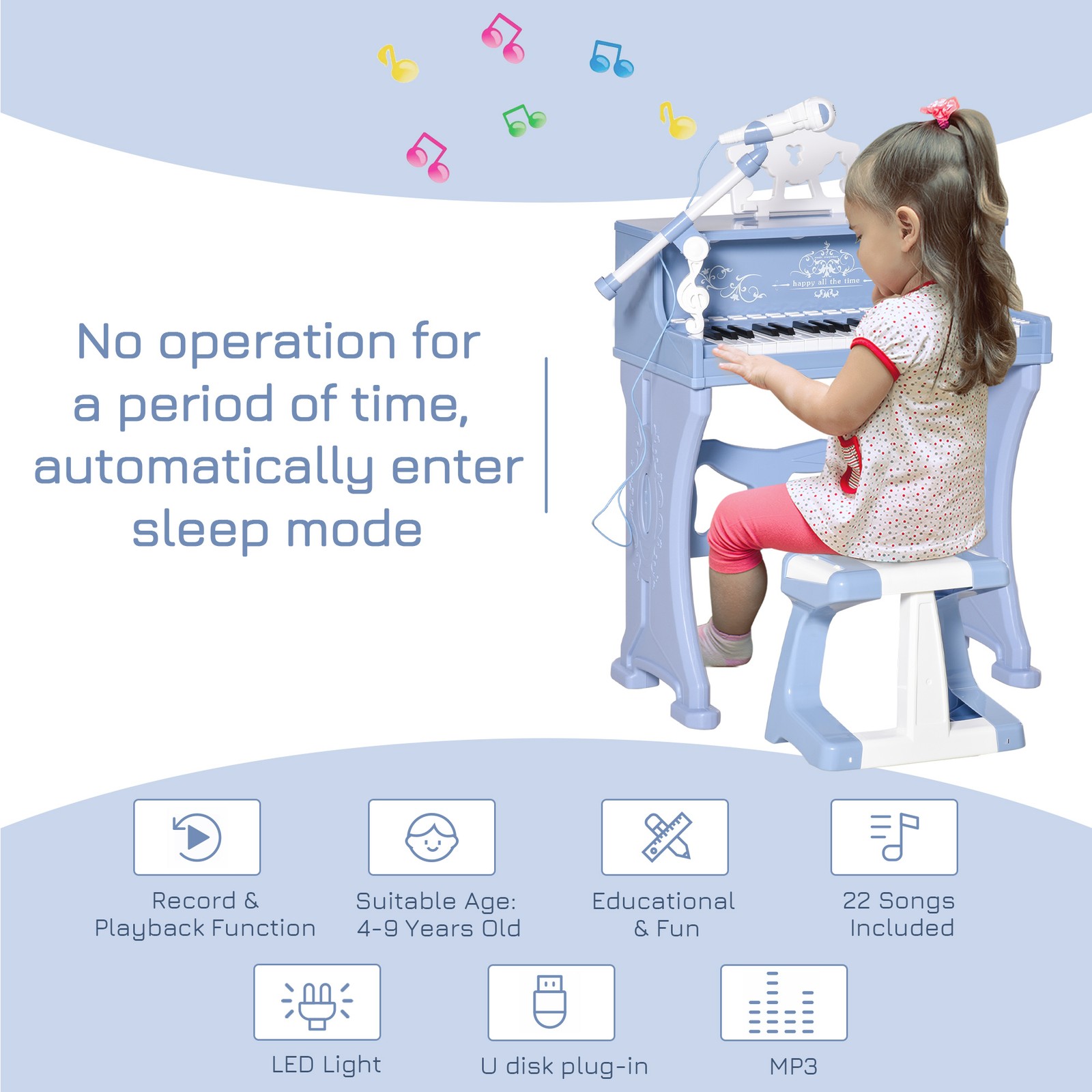 HOMCOM 37 Tasti Tastiera Batteria Pianoforte Bambini Microfono Sgabello Gioco Educativo foto 5