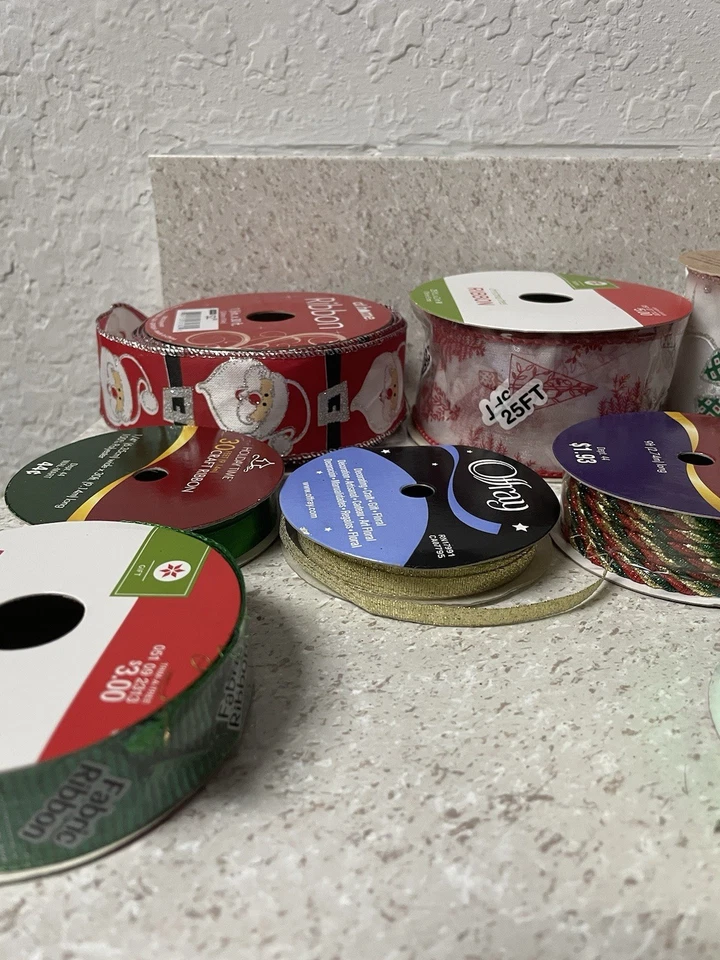 Christmas Holiday Ribbon Lot Of 14 Wired Satin Sheer Multi Sizes & Colors - Image 3 of 4