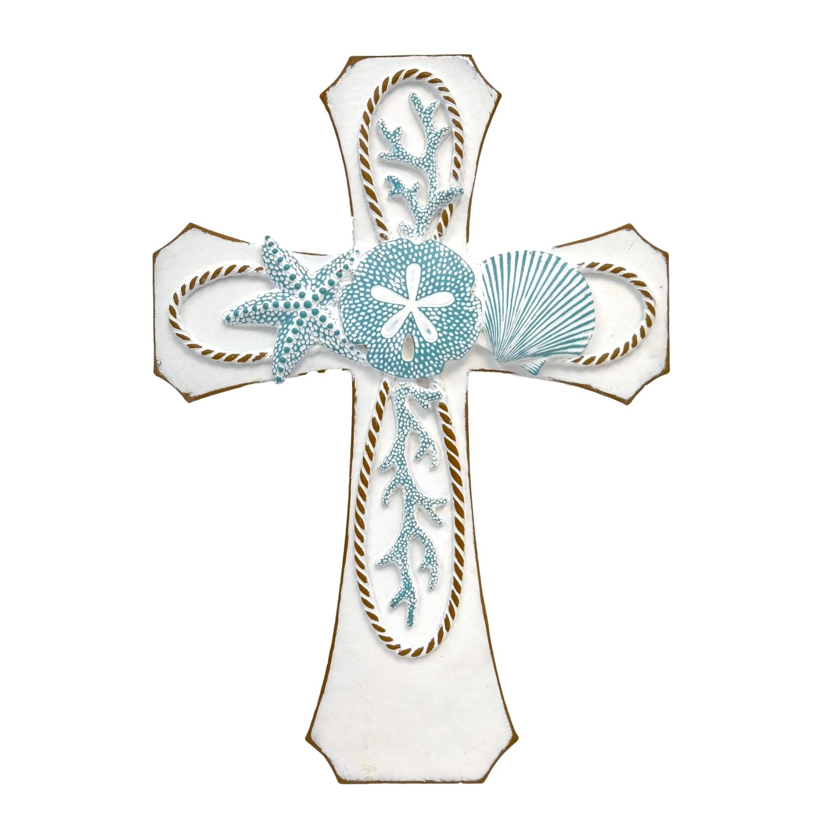 Coastal Nautical Spiritual Wall Cross with Starfish, Coral, and Sea Shell Des...
