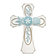 Coastal Nautical Spiritual Wall Cross with Starfish, Coral, and Sea Shell Des...