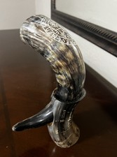 Norse Engraved Viking Drinking Horn with Stand Natural Horn