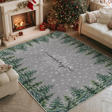 Grey Pine Tree Merry Christmas Area Rug, Winter Home Decor Low-Profile Washable