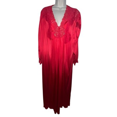 Vintage Vanity Fair Nightgown Robe Peignoir Set Size Medium Red Satin Long Lace