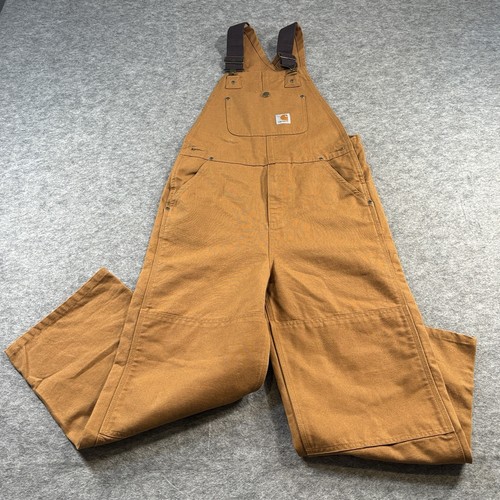 Carhartt Double Knee Bibs Overalls Kids 12 Duck Canvas Tan Brown Work Wear - Picture 2 of 11