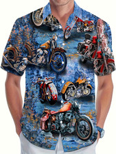 CAMICIA UOMO VINTAGE STAMPATA BOTTONI MANICA CORTA MOTO GRAFICA DESIGN 2XL