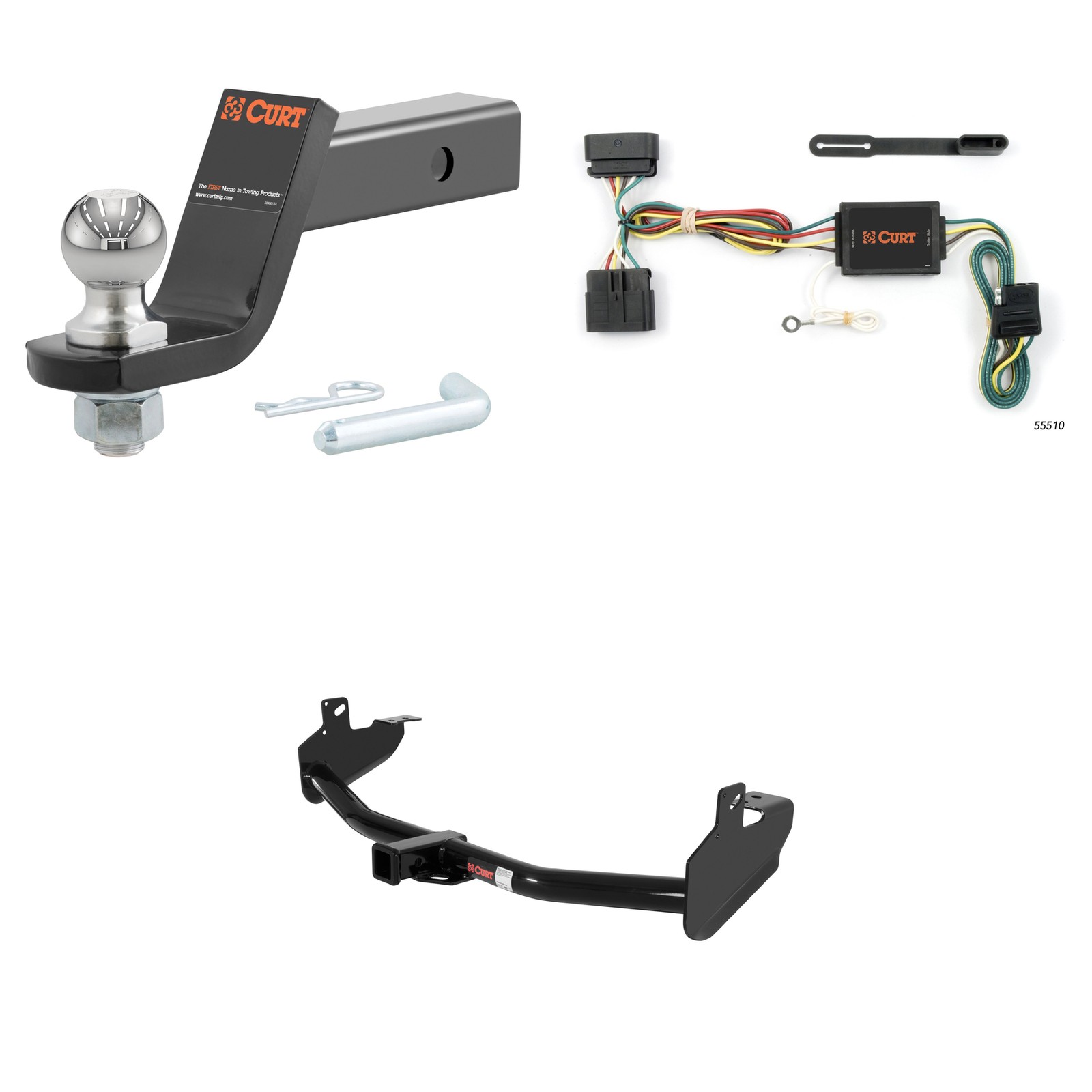 CURT Tow Package 2in Trailer Hitch, Wiring, #45056 Ball Mount Pin & Clip - 13252