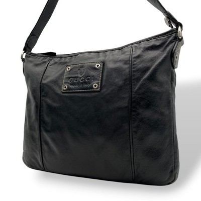 GUCCI Interlocking G Black Leather Shoulder Bag Silver Hardware Italy Authentic