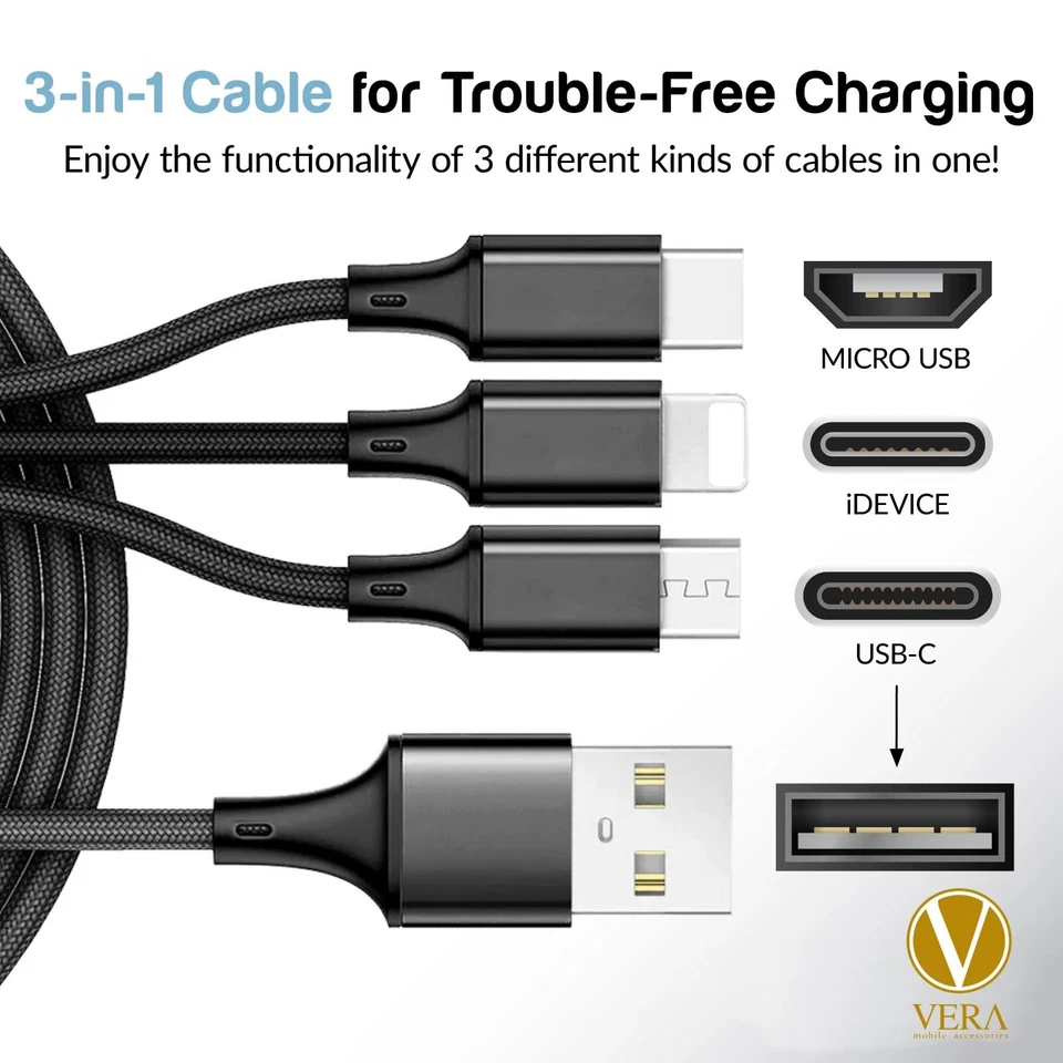 3 in 1 Fast USB Charging Cable Universal Multi Function Cell Phone Charger Cord - Image 2 of 4