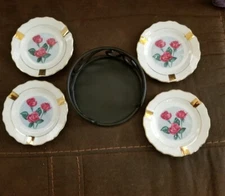 4 Ashtrays Ceramic Pink Roses & Gold Trim Japan 4”  Excellent Condition