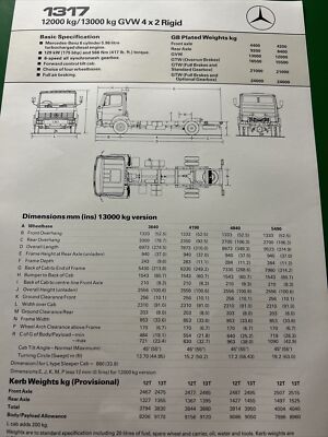Mercedes Benz 1317 4 X 2 Truck Technical Specification Brochure Frameable 1991
