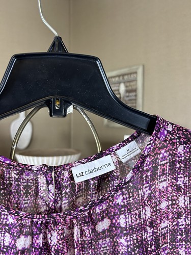 Liz Claiborne Women’s Sz Medium Purple Multi Semi-Sheer Longsleeve Top (Q) - Picture 2 of 8