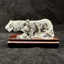 Baccarat Crystal Glass Crouching Tiger Figurine with Wood Stand France Neimans
