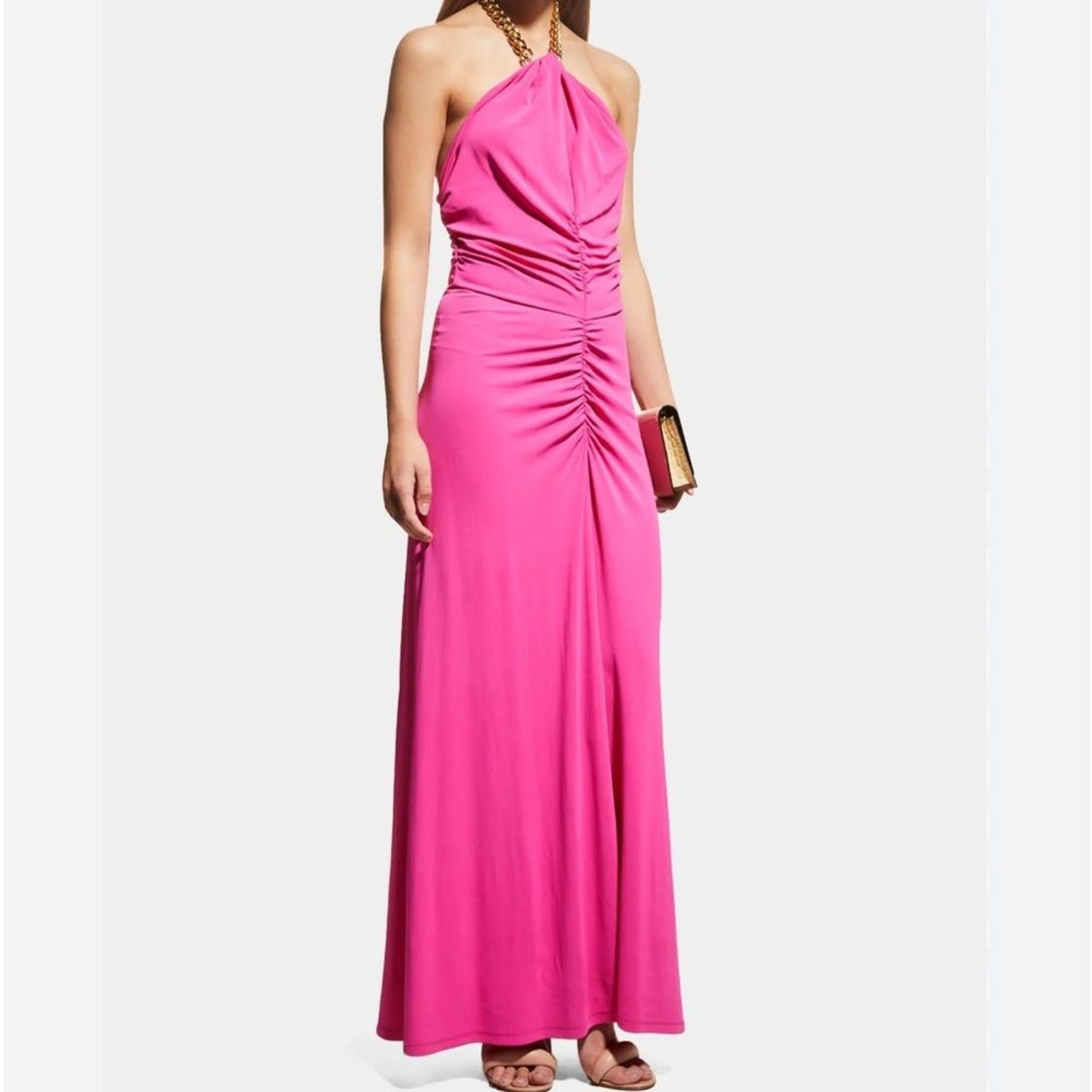 VERONICA BEARD Reze chain-embellished ruched stretch-jersey halterneck maxi dres