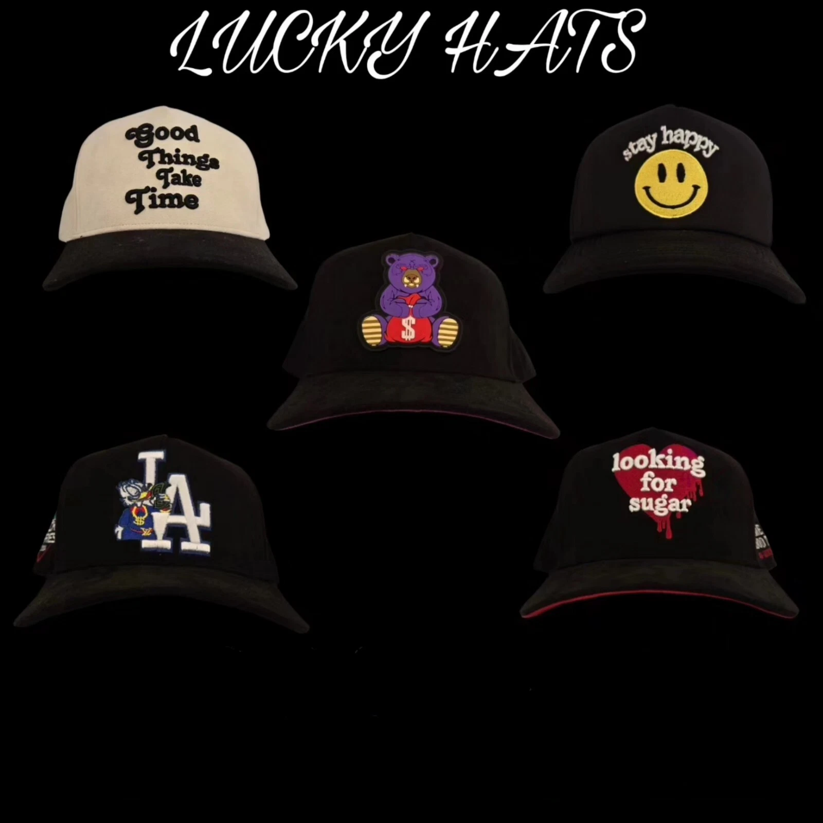 Lote de 5 Gorras Variadas (Bucket Hat, Baseball Cap) - 'Good Things' 'Stay Happy