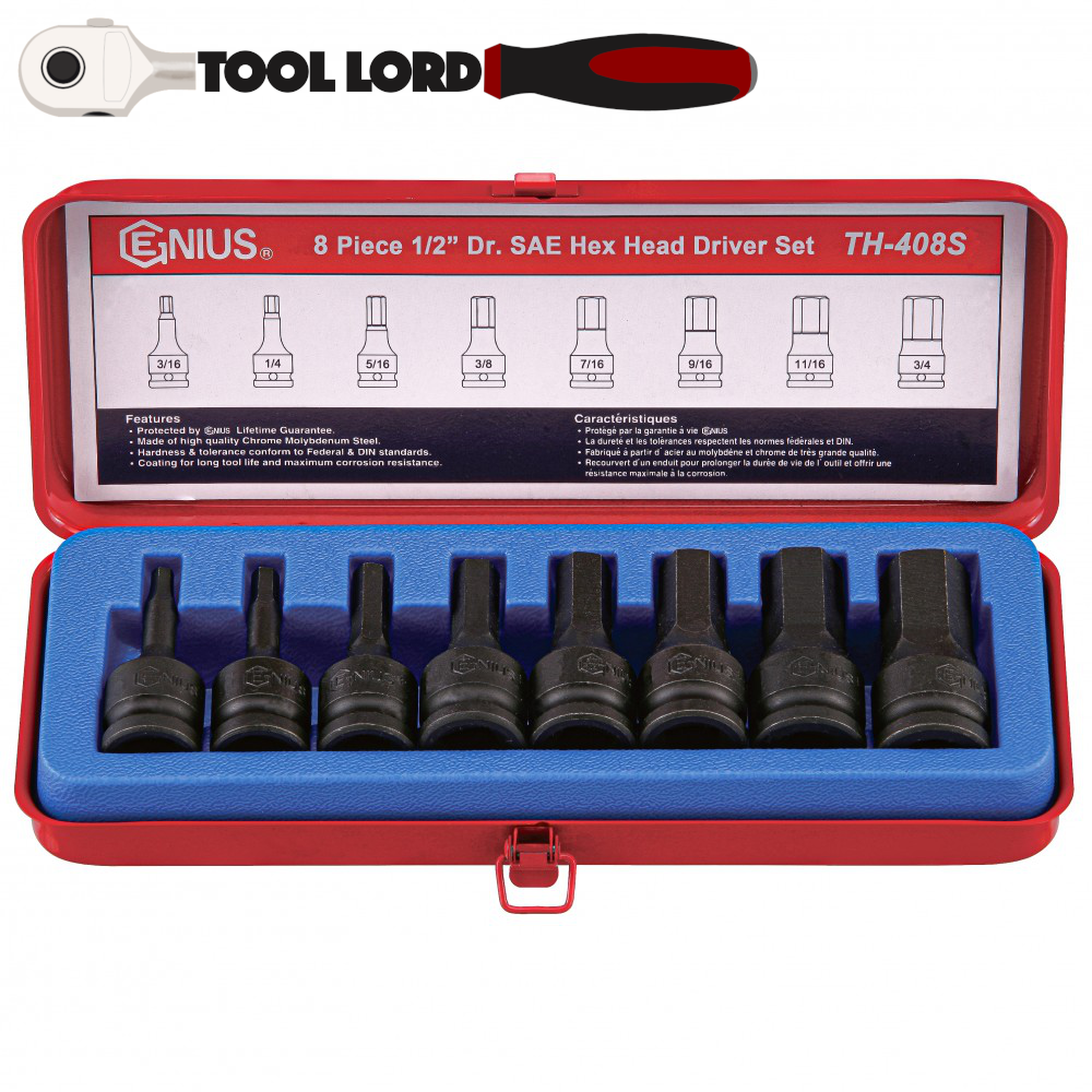 Genius 8 Piece 1/2” Drive AF SAE Hex Allen Impact Socket Set 3/16 - 3/4