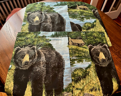 Vintage Pair Black Bears Pillow Shams Forest Wilderness Camping Log Cabin 27x32
