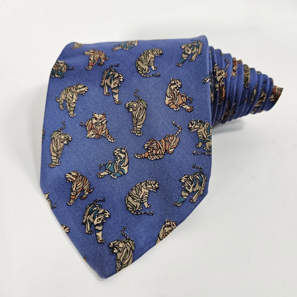 Corbata Salvatore Ferragamo Tigre de Bengala Azul Verde Naranja Raya Blanca Vida Silvestre Foto 2 de 4