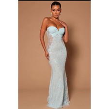 Fashion Nova Luxe Embellished Floral Mermaid Maxi Dress XL Blue Sheer Bodycon