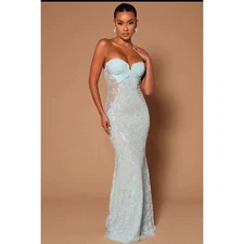 Fashion Nova Luxe Embellished Floral Mermaid Maxi Dress XL Blue Sheer Bodycon