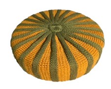 Yellow Green Striped Round Vintage Crocheted Pillow 12 X 3.5 Mid Century