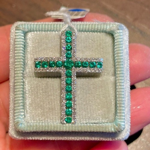 2Ct Round Cut Lab-Created Emerald Cross Pendant 14K White Gold Plated 18" Chain - Picture 6 of 8