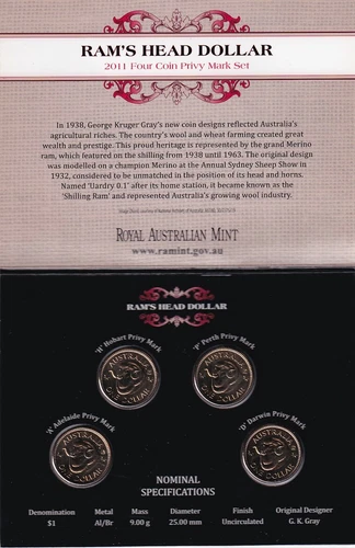 AUSTRALIAN:  2011 $1  RAMS HEAD FOUR COIN MINTMARK AND PRIVY SET A,H,P,D.  M1354