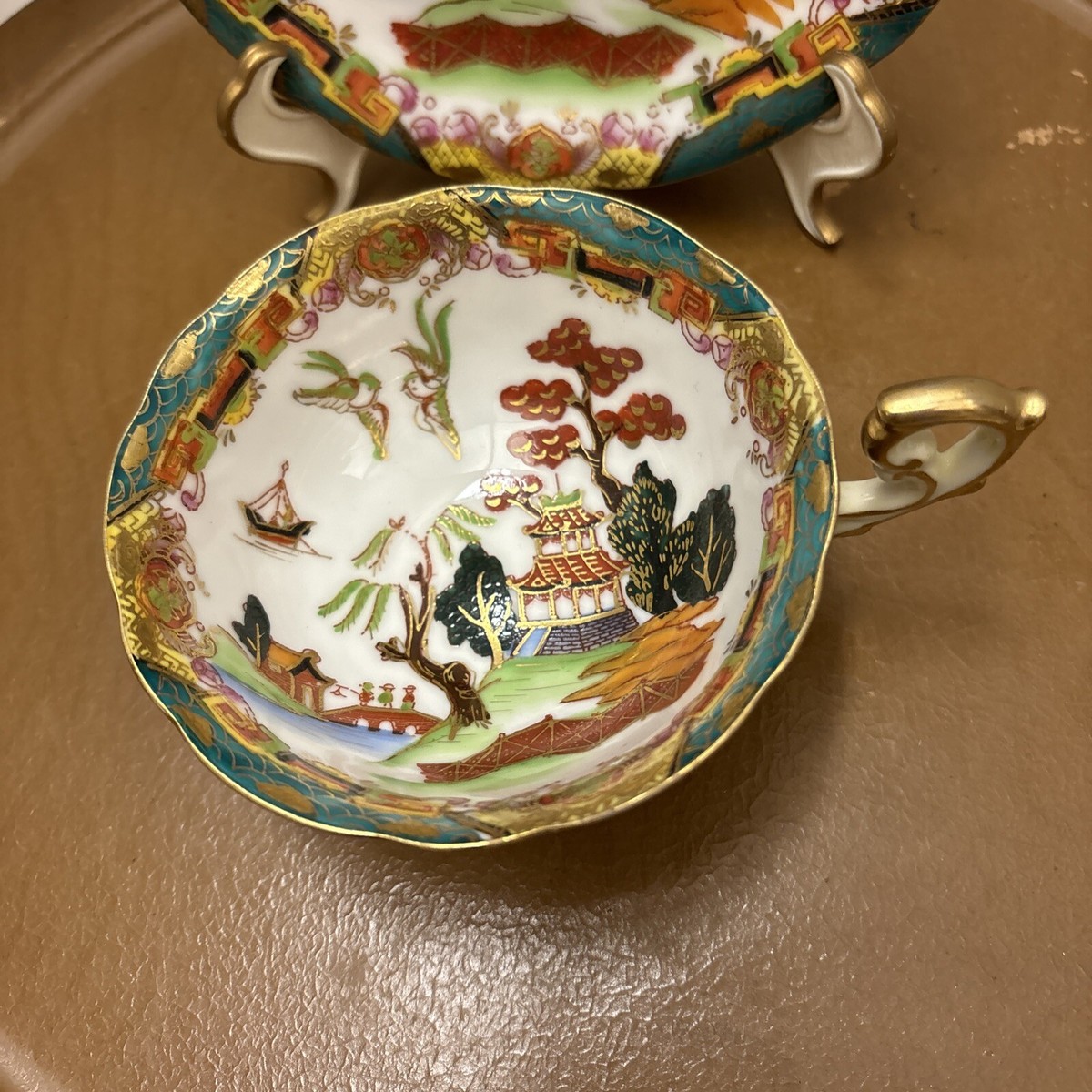 Japan Porcelain tea cup & saucer rich gold green landscape scenic